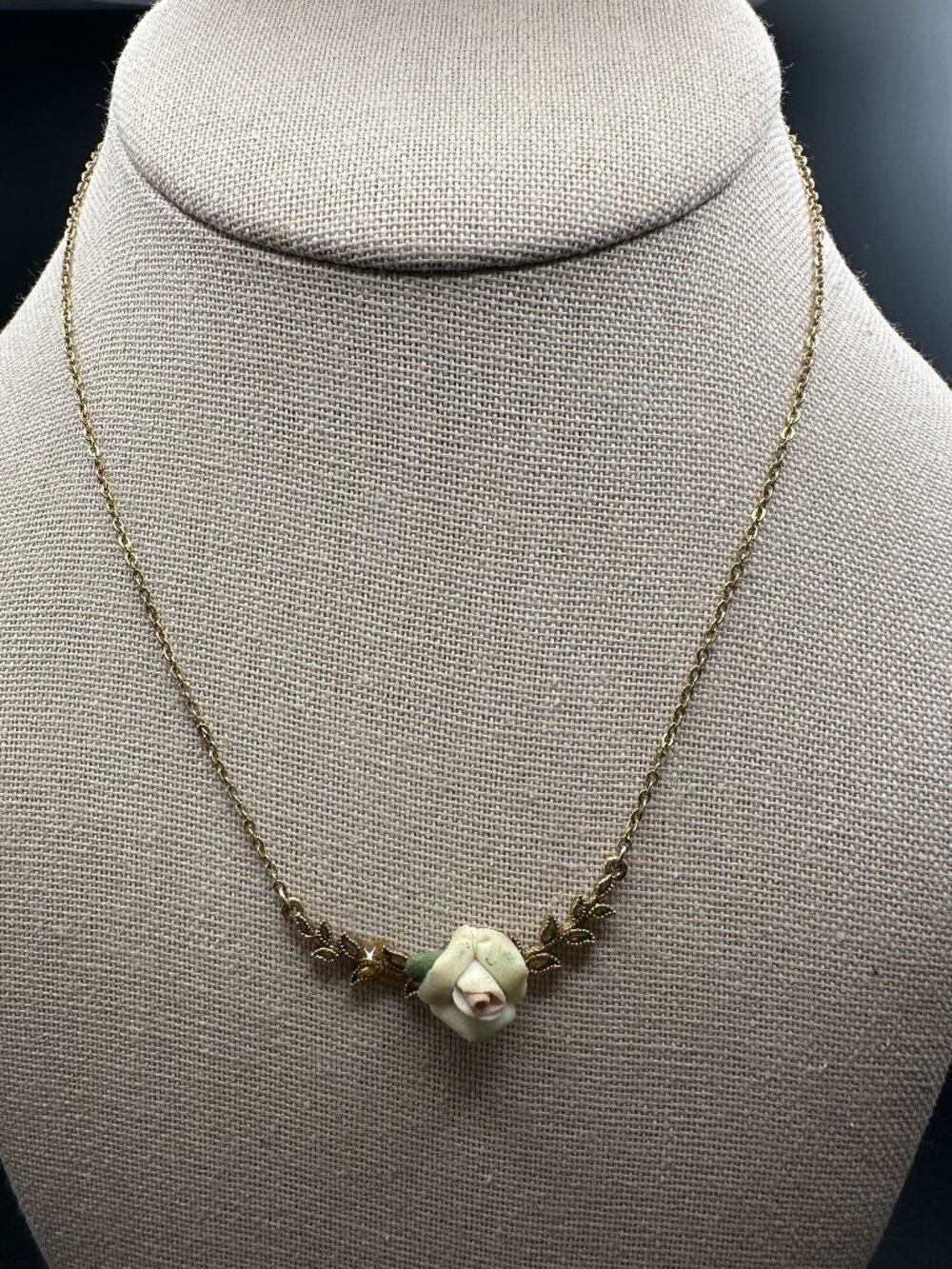 Vintage 1928 Carved Rose Faux Pearl Flower Pendant Necklace Gold Tone Chain